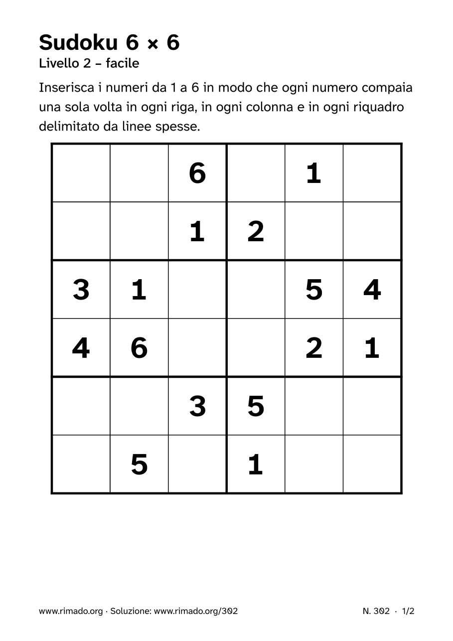 Anteprima del foglio stampato: Sudoku 6 × 6, n. 302