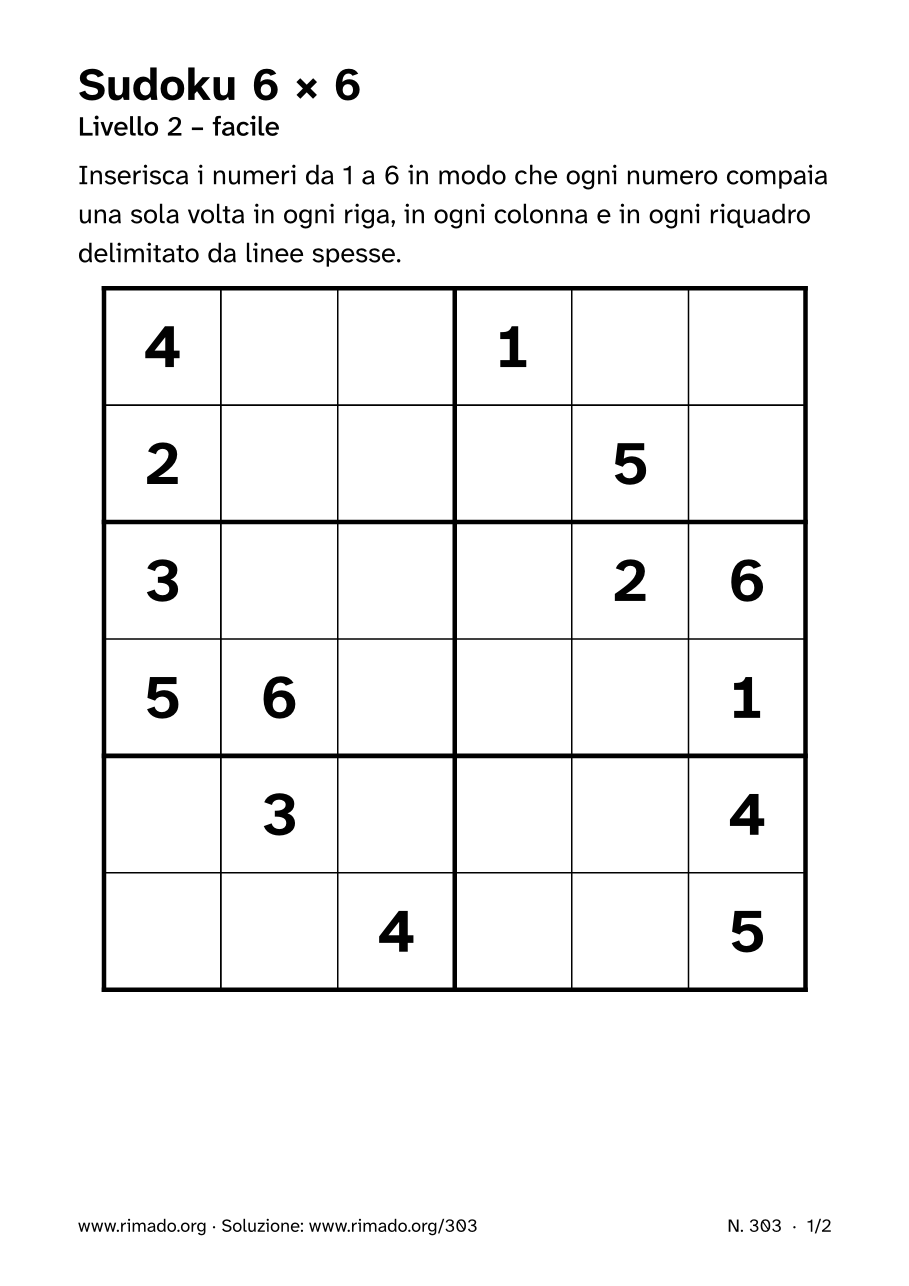 Anteprima del foglio stampato: Sudoku 6 × 6, n. 303