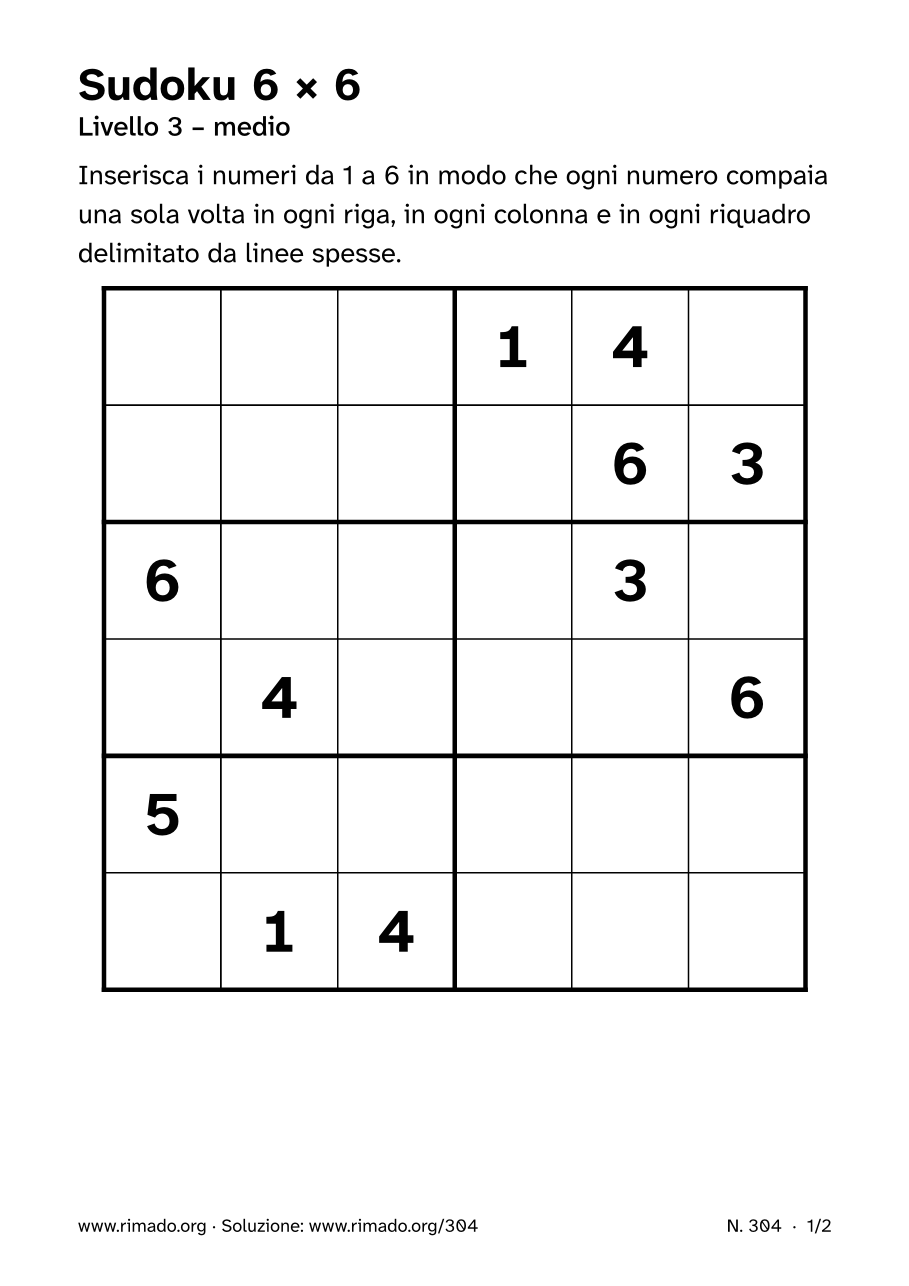 Anteprima del foglio stampato: Sudoku 6 × 6, n. 304