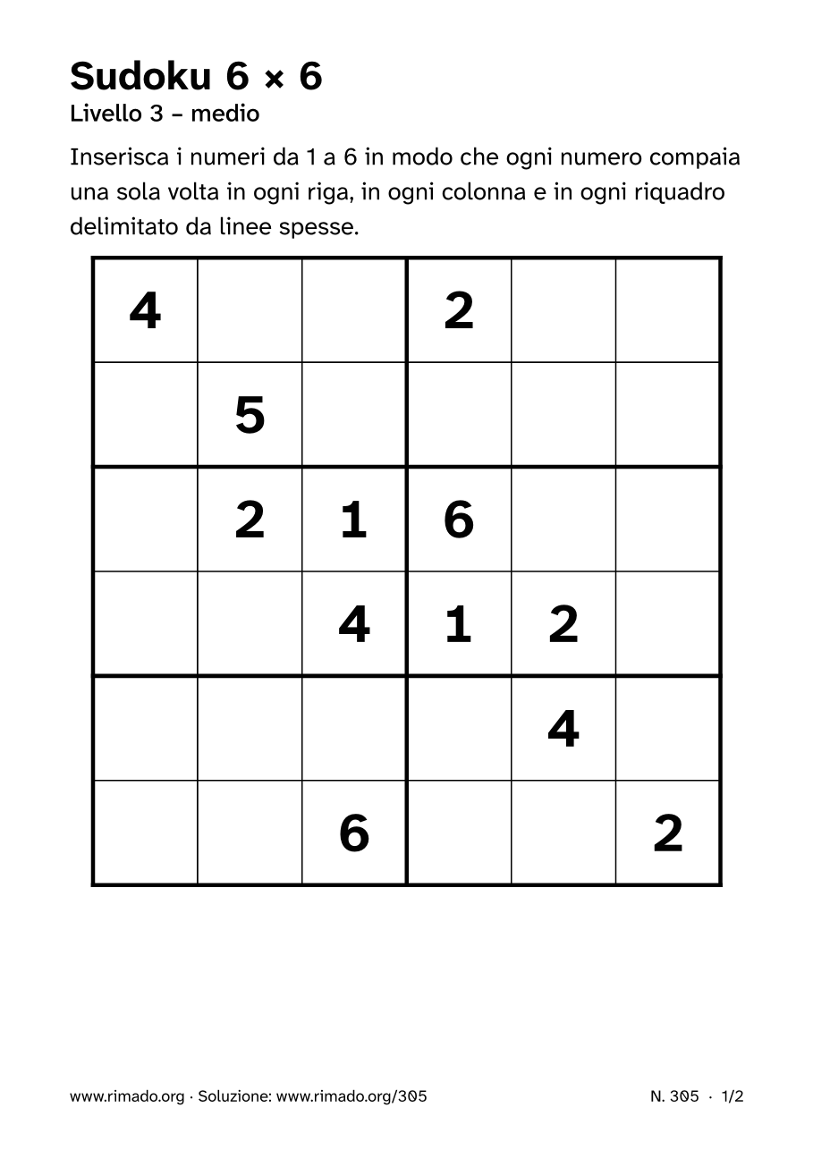 Anteprima del foglio stampato: Sudoku 6 × 6, n. 305