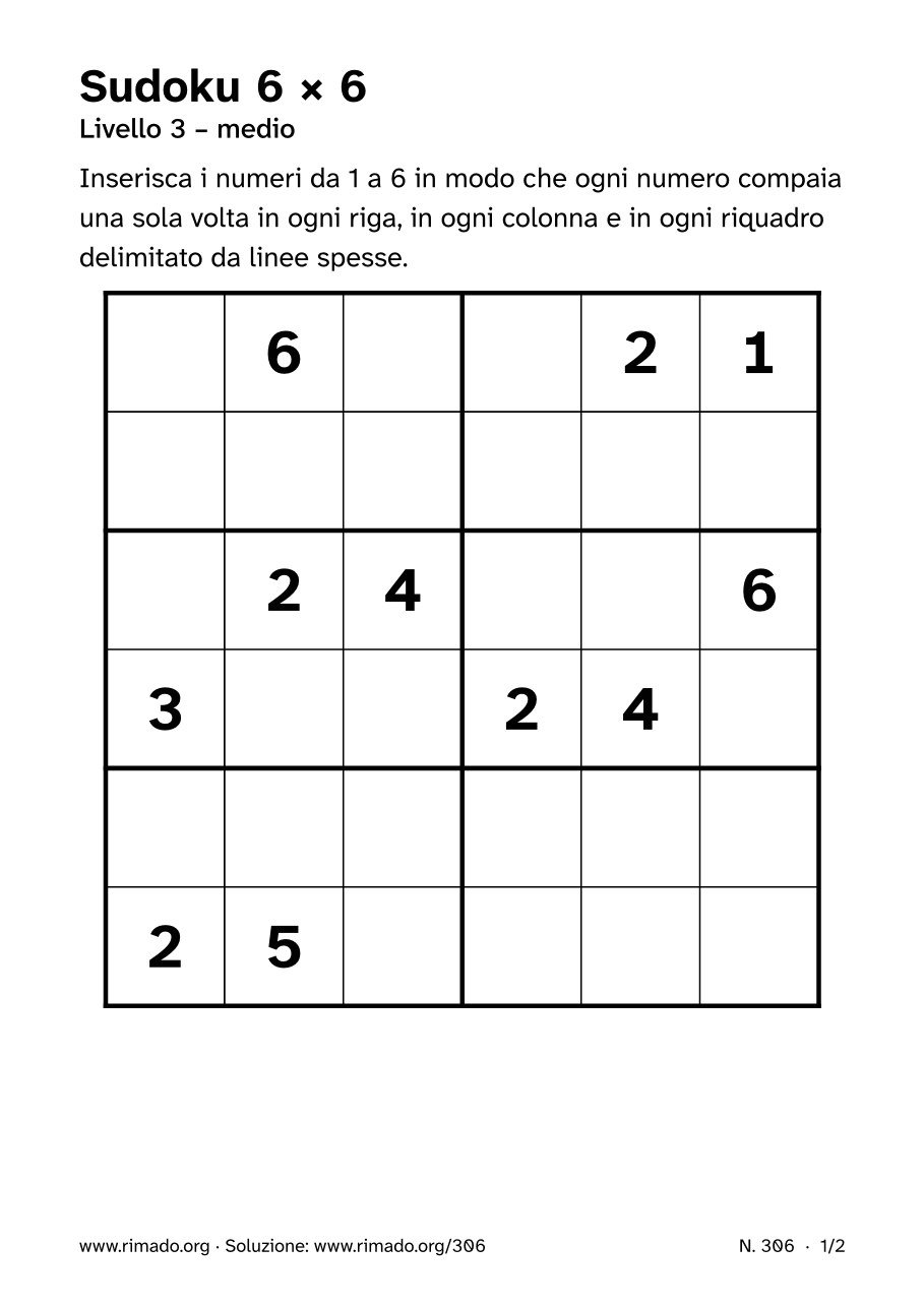 Anteprima del foglio stampato: Sudoku 6 × 6, n. 306