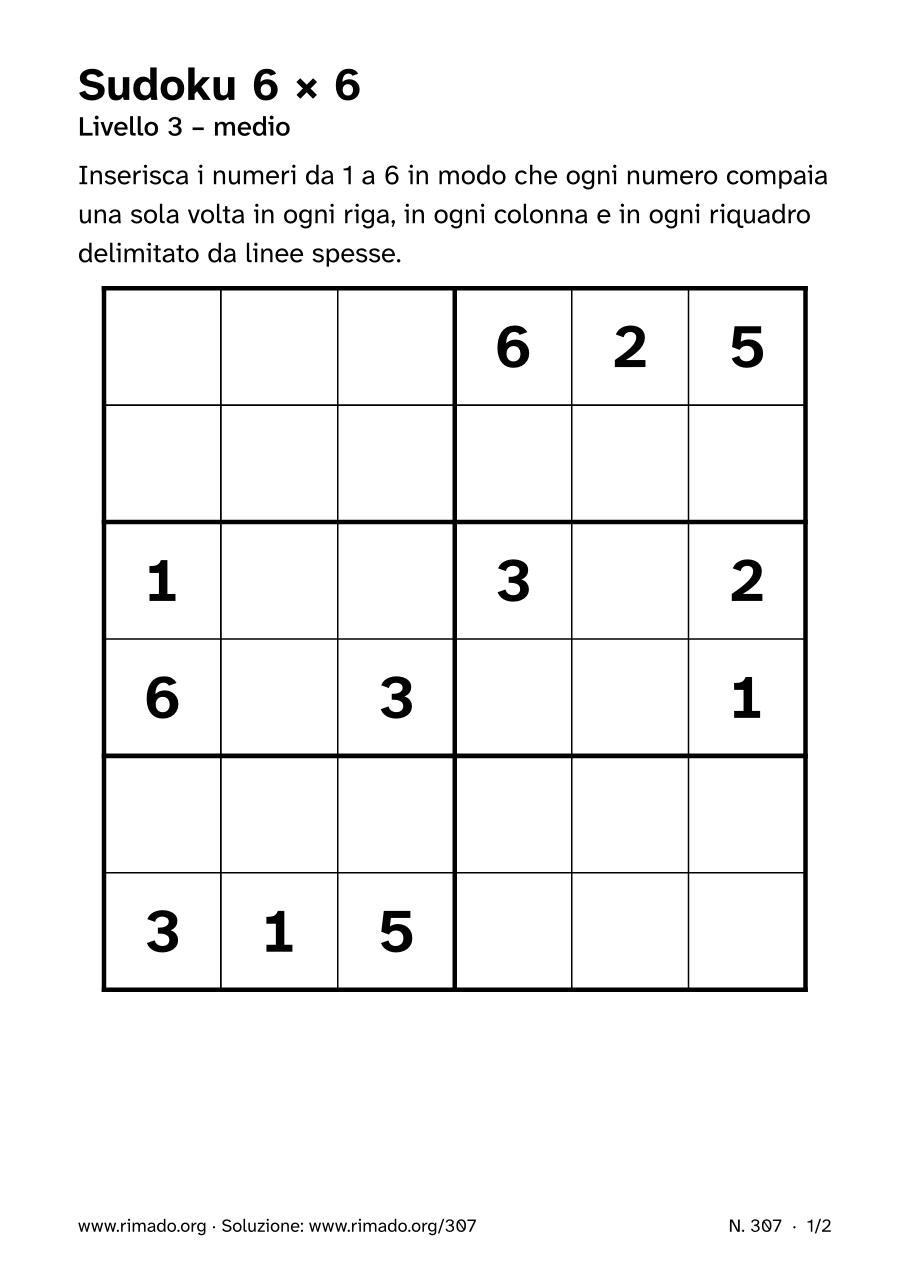 Anteprima del foglio stampato: Sudoku 6 × 6, n. 307