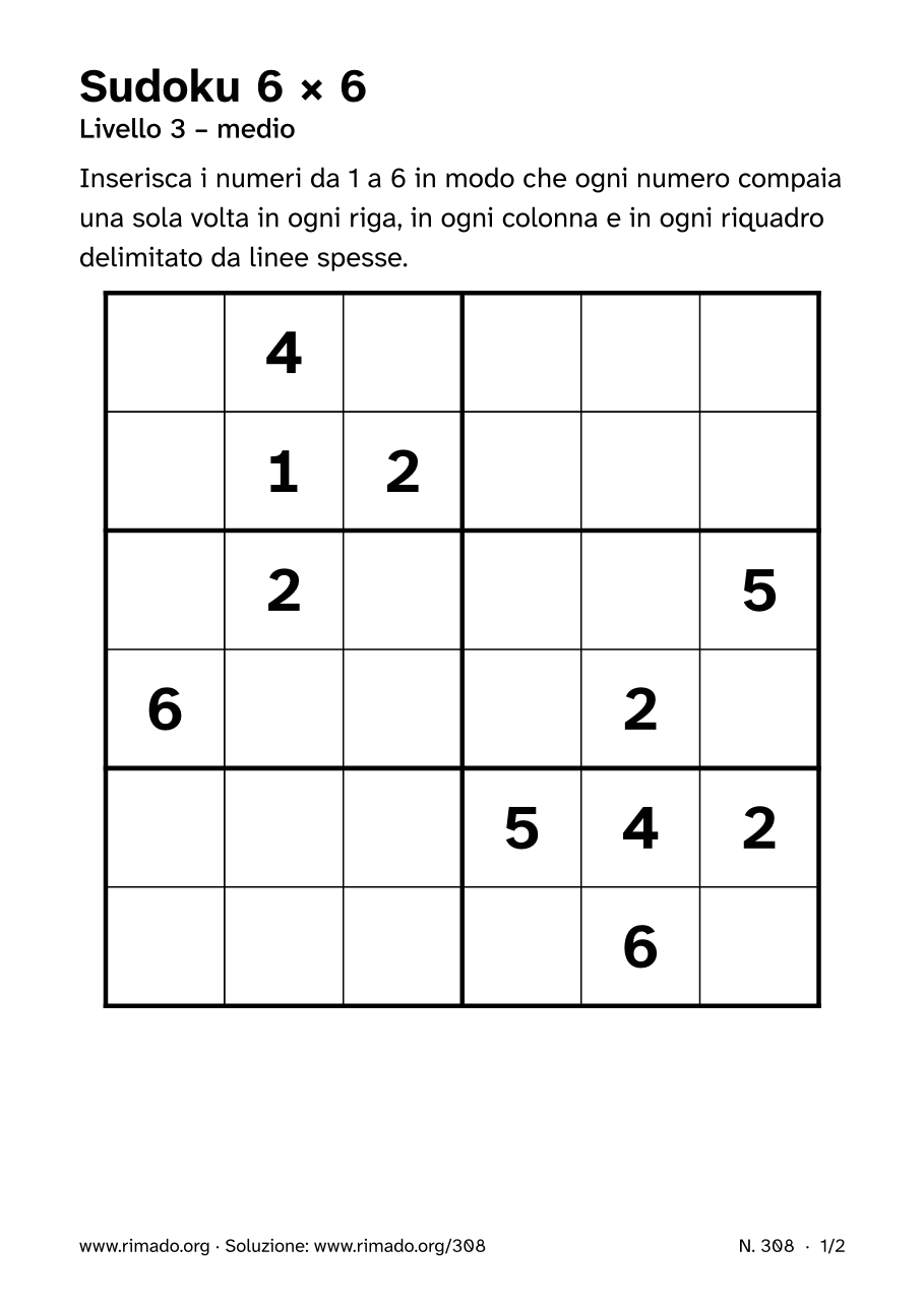 Anteprima del foglio stampato: Sudoku 6 × 6, n. 308