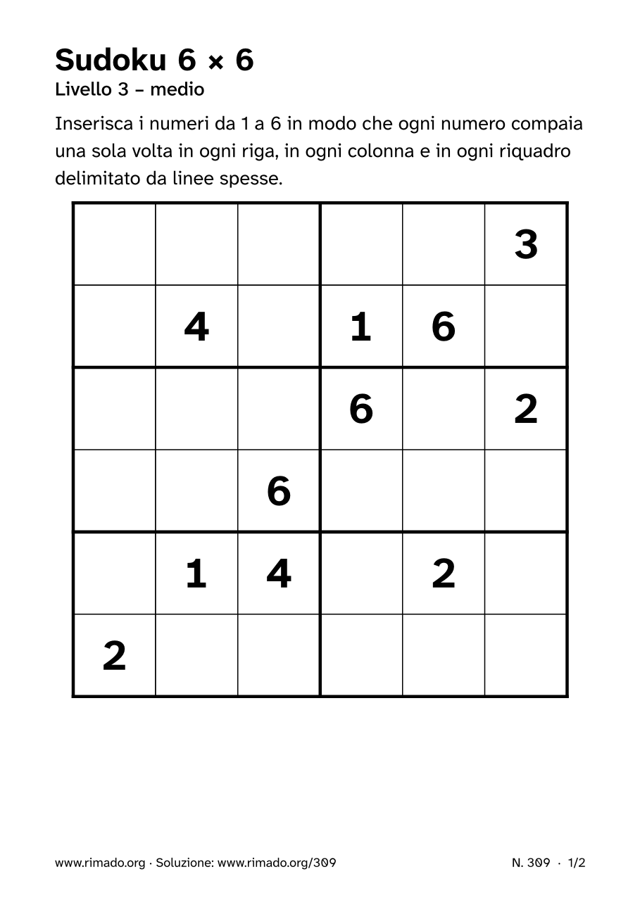 Anteprima del foglio stampato: Sudoku 6 × 6, n. 309