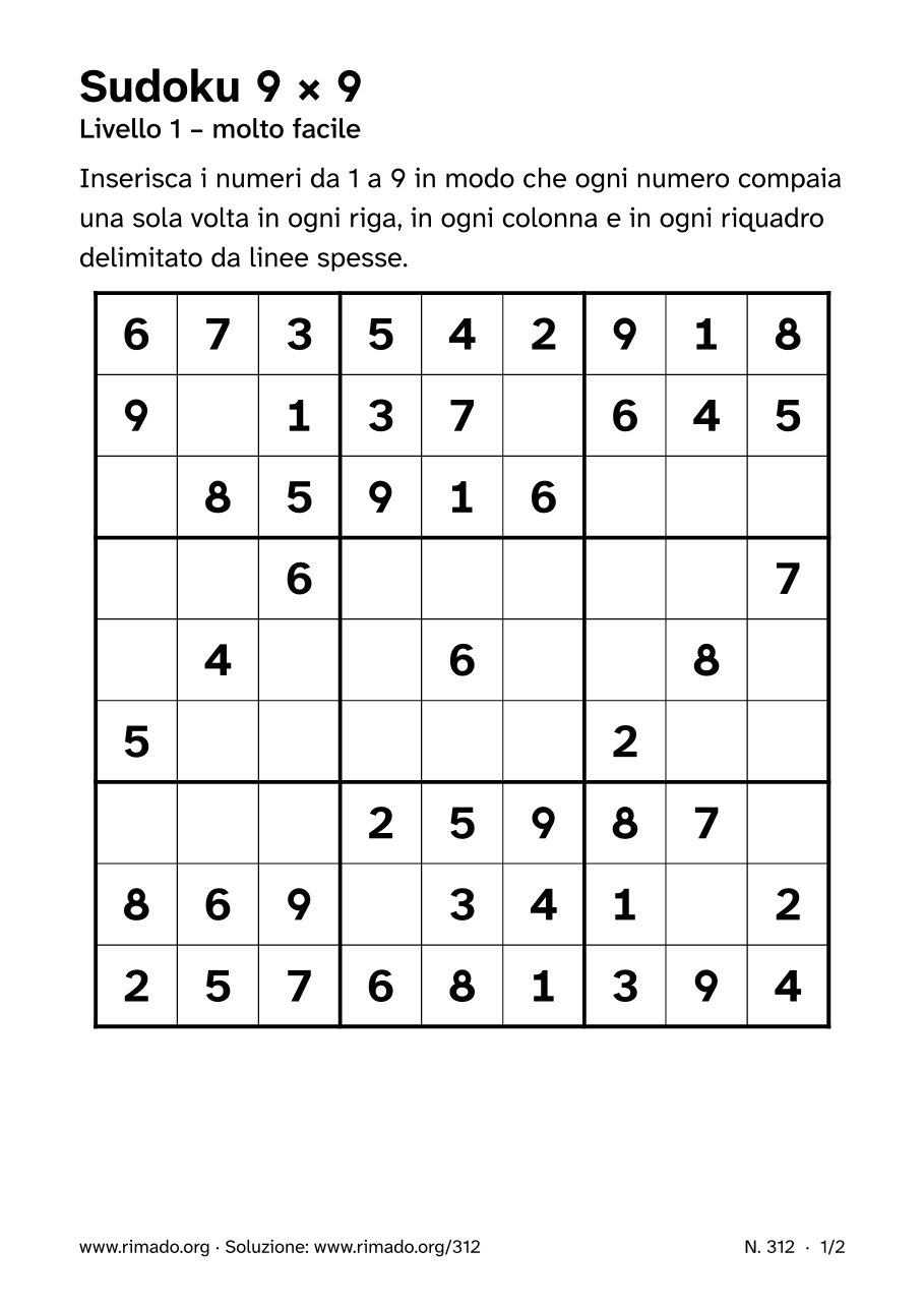 Anteprima del foglio stampato: Sudoku 9 × 9, n. 312