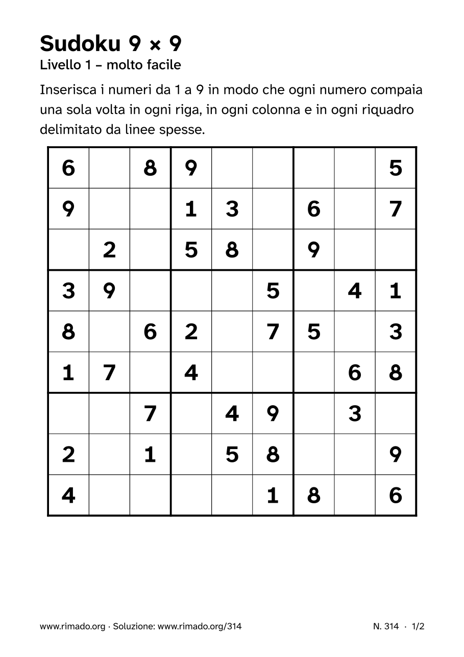 Anteprima del foglio stampato: Sudoku 9 × 9, n. 314