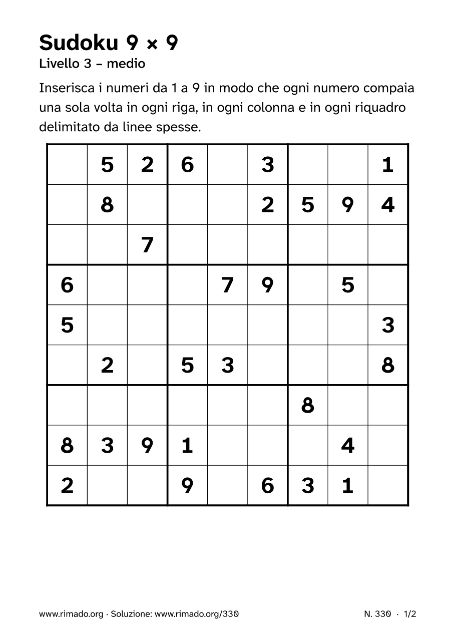 Anteprima del foglio stampato: Sudoku 9 × 9, n. 330
