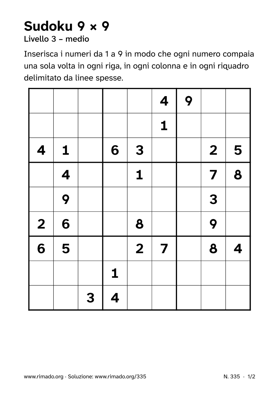 Anteprima del foglio stampato: Sudoku 9 × 9, n. 335
