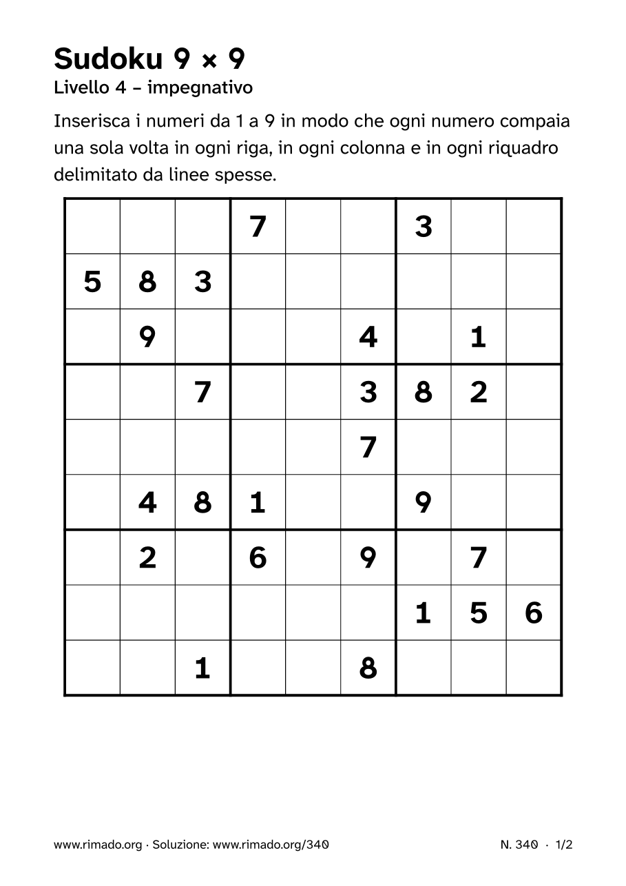 Anteprima del foglio stampato: Sudoku 9 × 9, n. 340